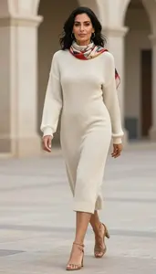 Elegant Woman Cozy Knit Dress Fashion Walk Pose