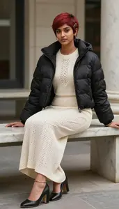 Elegant Woman Fitted Maxi Dress Sitting On Bench