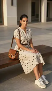 Elegant Woman Linen Dress Sitting On Bench