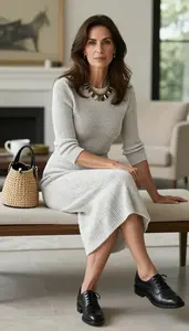 Elegant Woman Monochrome Dress Sitting On Bench