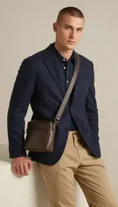 Professional Man Navy Blazer Relaxed Lean Against Surface