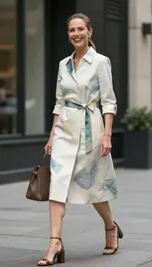Belted Work Dress Stock Photo Watercolor Print Fashion