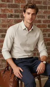 Windowpane Neutral Colored Shirt Men Fashion Photography