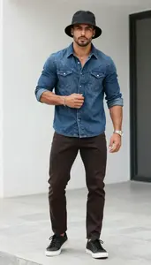 Contemporary Mediterranean Man Fashion Denim Shirt Look