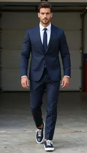 Fashion Forward Midnight Blue Single Breasted Suit Stock Photo