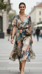 Fashion Forward Watercolor Print Eclectic Print Dress Stock Photo