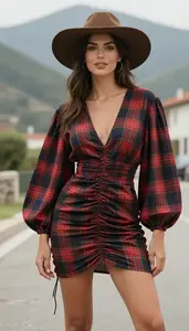Fashion Forward Plaid Daring Dress Stock Photo