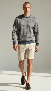 Man In Mid 20s Man Wearing Abstract Print College Sweatshirt Style