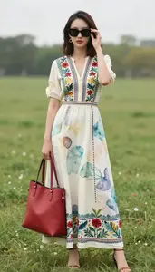 Watercolor Print Embroidered Maxi Dress For Women Fashion Stock Photo