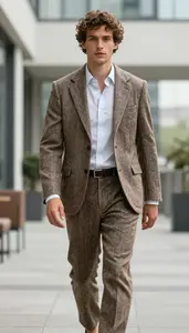 Lookbook Style Tweed Suit Man In Early 30s Youthful Man