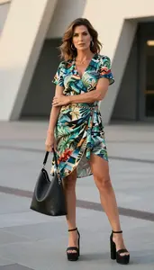 Western European Woman Woman In Late 30s In Tropical Print Wrap Dress Fashion Stock Photo