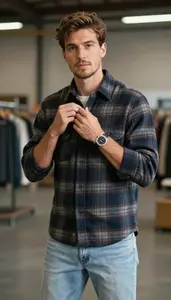 European Man Man In Late 20s In Stone Flannel Shirt Curated Look Stock