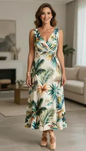 Light Skinned Woman Woman In Late 30s In Tropical Print Wedding Guest Dress Fashion Stock Photo
