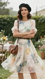 Anglo Woman Mature Woman In Watercolor Print Romantic Dress Fashion Stock Photo