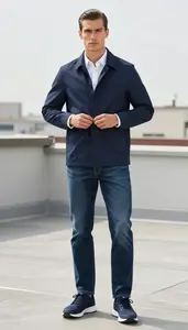 Germanic Man Young Professional In Navy Blue Lightweight Shirt Fashion Stock Photo