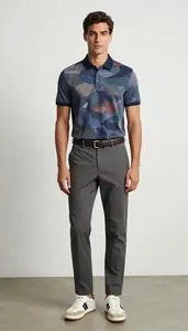 Light Skinned Man Man In Late 20s In Abstract Print With Polo Shirt Designer Wear Stock