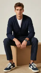 Light Skinned Man Young Man In 20s In Polka Dot Cardigan And Slacks Curated Look Stock