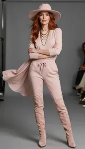 Pale Skinned Woman Mature Woman In Blush Pink Athletic Top And Joggers Fashion Stock Photo