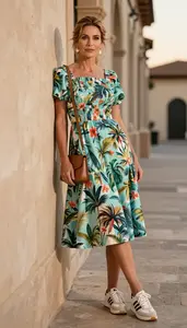 Power Dressing Tropical Print Nostalgic Dress Fashion