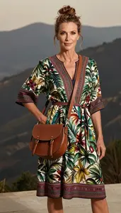 Woman In Late 30s Radiant Woman In Tropical Print Gypsy Style Dress