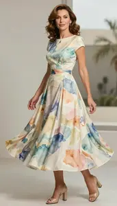 Woman In 50s Sophisticated Woman In Watercolor Print Floor Sweeping Dress