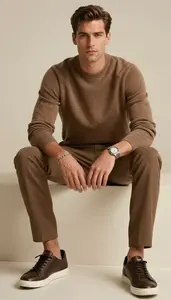 Brown Sweater And Dress Pants Approachable Man Fashion