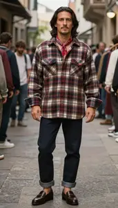 Central European Man Man In Mid 30s In Herringbone Flannel Shirt Elevated Basics Stock