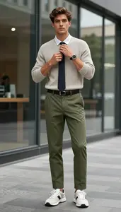 Man In Early 20s Man Wearing Olive Green Knit Blazer