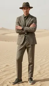 Scandinavian Man Man In Mid 20s In Olive Green Tweed Suit Designer Wear Stock