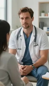 Hospitalist Discussing Side Effects Healthcare Stock Photo