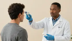 Microbiologist Taking Patient Temperature Healthcare Stock Photo