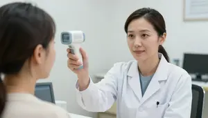 Optometrist Taking Patient Temperature Healthcare Stock Photo