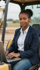 Female Excavator Operator Typing On Computer