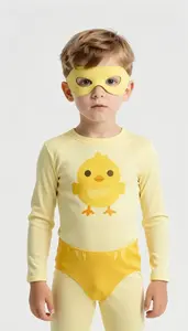 Boy Superhero In A Form Fitting Suit Of Pale Butter Yellow