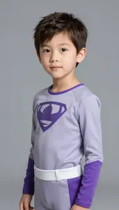 Boy Superhero In An Outfit Of Soft Lavender Grey With A