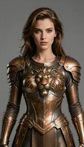 Female Superhero Bronze Armor With A Lion S Head Motif On