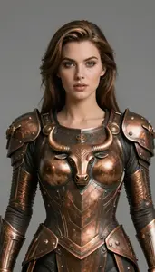 Female Superhero Bronze Armor With A Bull Motif On The Chest