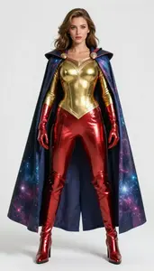 Female Superhero Woman In Brass Fitted Top Form Fitting Arms