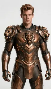 Male Superhero Bronze Armor With A Lion S Head Motif On Each