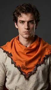 Male Superhero Tattered And Burnt Orange Scarf Over A Tunic
