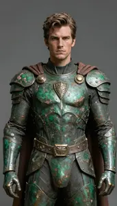 Male Superhero Weathered Bronze Armor Green With Age