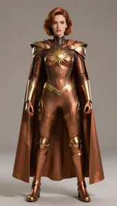 Superhero Amber And Bronze Battle Suit With Sunburst Emblem