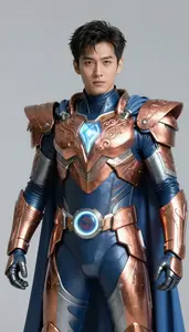 Superhero Azure And Copper Combat Armor With Wave Carved