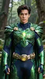 Superhero Emerald And Navy Exo Armor With Vine Carved Chest