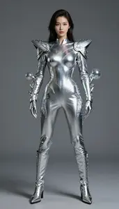 Superhero Sleek Plated Bodysuit In Steel With Shimmering