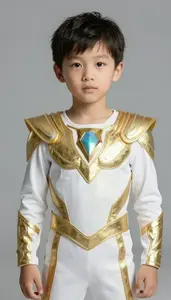 Boy Superhero In An Outfit Of Shimmering Gold Tinged White