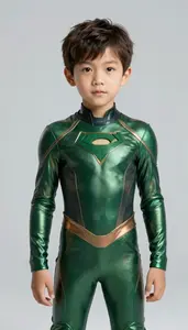 Boy Superhero In A Sleek Suit Of Glossy Forest Green With