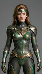 Female Superhero Weathered Bronze Armor Green With Age In