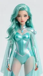 Girl Superhero Seafoam Suit With Mist Cape Dew Drop Earrings