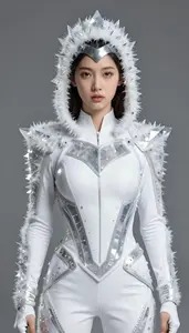 Girl Superhero White Or Grey Costume With A Bladed Fibrous